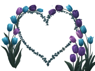 Blue purple tulips heart shape floral arrangement isolated on a transparent background image
