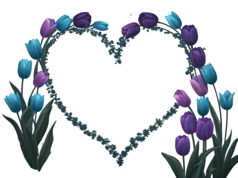 Blue purple tulips heart shape floral arrangement isolated on a transparent background image