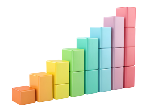 Colorful plastic blocks ascending bar chart isolated on a transparent background stacked