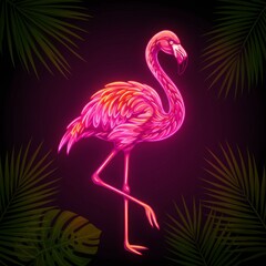 Obraz premium Pink Neon Flamingo with Tropical Palm Leaves on Dark Background Art