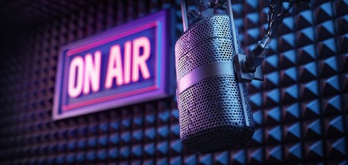 The microphone in a vibrant on-air radio studio.