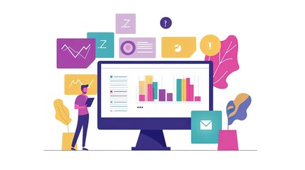 business people with graphs and icons vector illustration