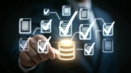 Businessman with Holographic Compliance Tools and Server Storage - Powered by Adobe