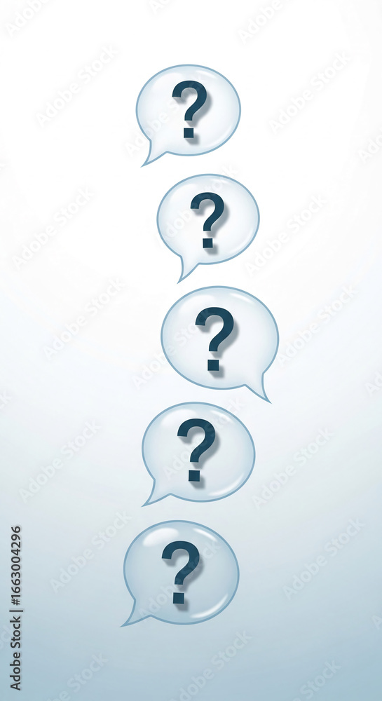 Poster five translucent speech bubbles with question marks, vertically aligned against a light-blue backgro