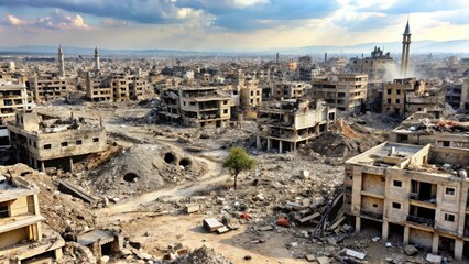 Distant view of cityscape with ruins and debris scattered on the ground after an airstrike