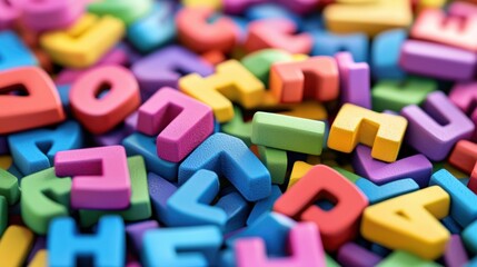 Fototapeta premium A colorful pile of wooden alphabet blocks scattered across a white surface, with a focus on the vibrant colors and the randomness of the arrangement.