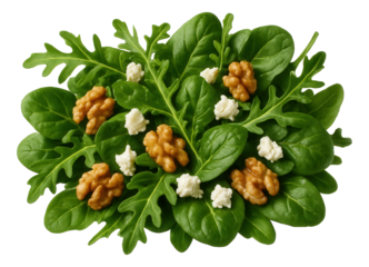 Mixed greens with arugula and spinach, sprinkled with walnut pieces and goat cheese.