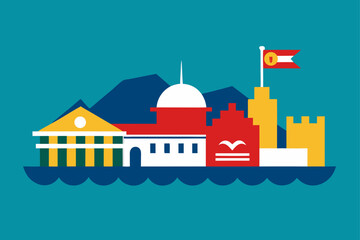 Obraz premium vector illustration of mosque with flag