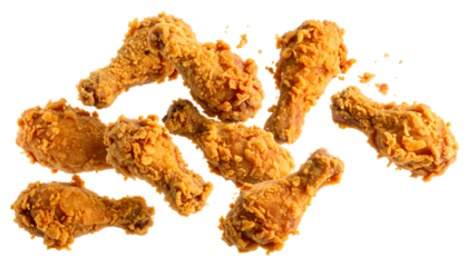 Multiple freshly fried, crispy fried chicken drumsticks isolated on a transparent background.