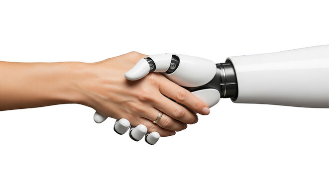 Handshake between a human woman and an AI robot isolated on a transparent background.