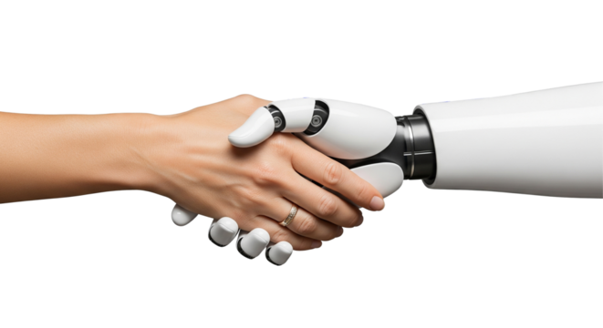 Handshake between a human woman and an AI robot isolated on a transparent background. - Powered by Adobe
