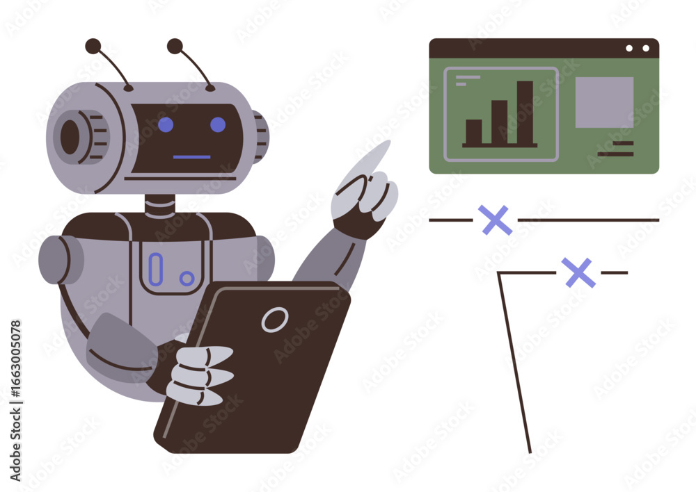 Poster robot holding tablet while interacting with analytics dashboard. ideal for automation, ai, data anal