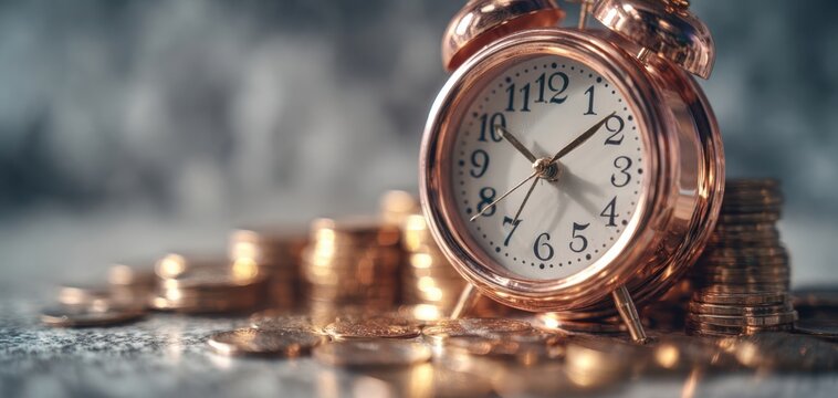 The clock ticking beside gold coins symbolizing financial urgency and value.