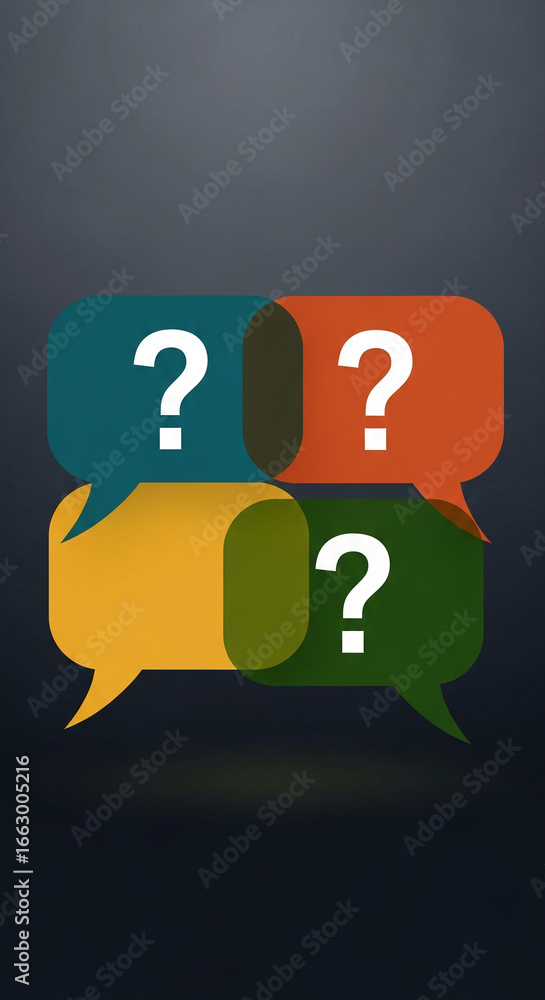 Poster four colorful speech bubbles with question marks, overlapping on dark background, symbolize question