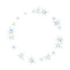 Blue marigold flowers frame border, hand drawn watercolor illustration isolated on white background. Can be used for cards, invitation and other printed products.