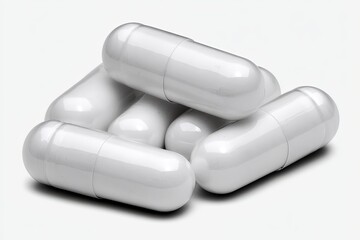 Aesthetic composition of glossy white capsules arranged for pharmaceutical context emphasizing health innovation and wellbeing encapsulated in a modern design concept of contemporary healthcare