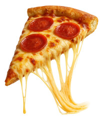 Pepperoni pizza wedge with melted cheese trailing off the edge