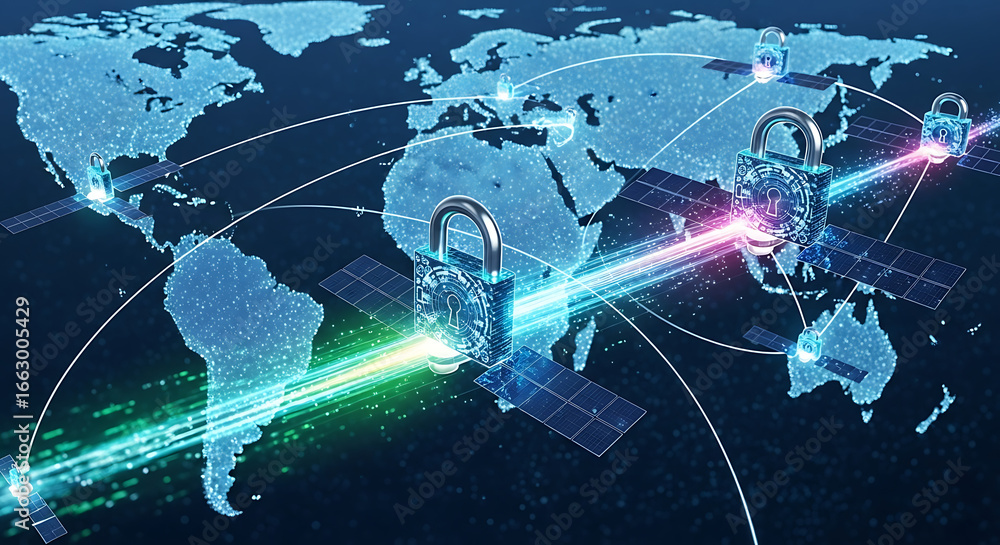 Aufkleber world map with satellite network and padlocks representing global data security concept art