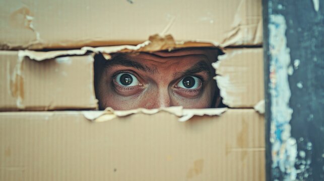 A man with green eyes and a beard, wearing a black shirt, is peeking out from behind a cardboard box with a surprised expression.