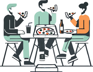 Three People Enjoying Pizza and Drinks at a Table eating