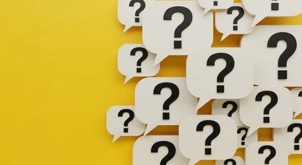 White speech bubbles with black question marks on yellow background, showcasing uncertainty, inquiry, or FAQ concept Free space for text or advertisement