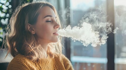 A young woman in a yellow sweater exhales a puff of smoke from an electronic cigarette, with a blurred window and a green plant in the background.