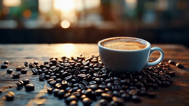 Steaming Coffee Cup on Coffee Beans, Warm Morning Light