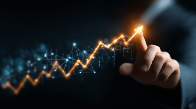 A futuristic scene showing business growth and data analysis powered by advanced technology, featuring glowing charts, graphs, and digital interfaces symbolizing innovation and success.