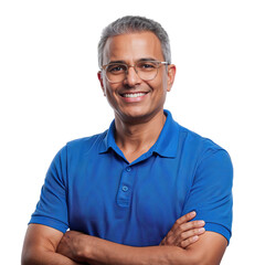 Confident middle-aged Indian man with glasses smiling brightly with arms crossed in a casual blue polo shirt on an isolated transparent background.