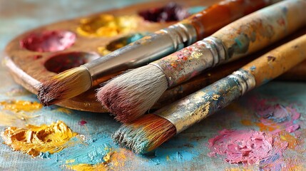 Obraz premium Used paintbrushes with colorful paint marks, closeup
