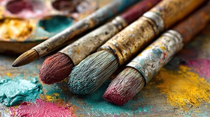 Fototapeta premium Used paintbrushes with palette and colorful paint splatters, closeup