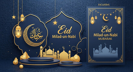 Exclusive eid milad un nabi mubarak background with golden moon and mosque design
