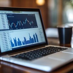 Laptop and pen on table with business and technology elements