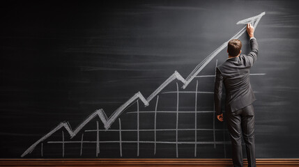 Business leadership and development concept illustrated as businessman drawing growth charts and diagrams on a blackboard, symbolizing strategy.