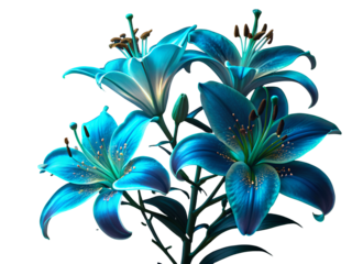 Luminous blue teal lilies against black isolated on a transparent background flowers petals