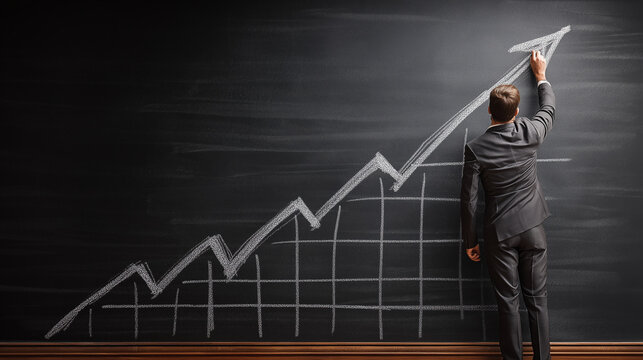Business leadership and development concept illustrated as businessman drawing growth charts and diagrams on a blackboard, symbolizing strategy.