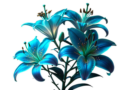 Luminous blue teal lilies against black isolated on a transparent background flowers petals