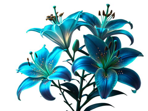 Luminous blue teal lilies against black isolated on a transparent background flowers petals - Powered by Adobe