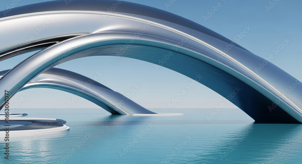 Poster abstract image of metallic arches over calm water, creating a modern and minimalist architectural sc
