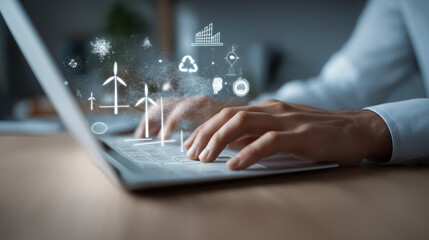 A business man working on a laptop, entering data with glowing digital symbols around, symbolizing digitalization, technology, and information processing.