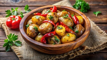 Roasted potatoes in a wooden bowl with red peppers and parsley