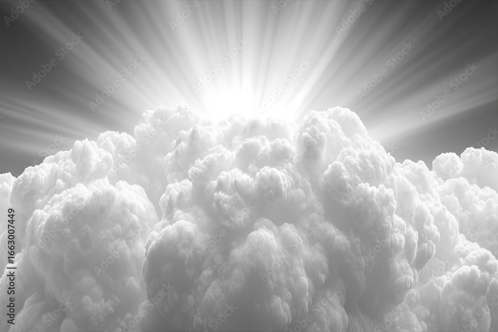 Poster ethereal clouds illuminated by radiant sunlight casting intricate shadows creating a surreal atmosph