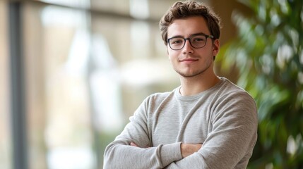 A young man with glasses and a beard, wearing a gray sweater, stands in a spacious office with large windows and green plants