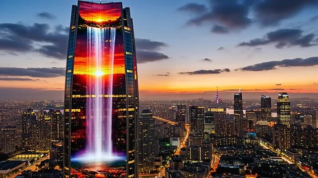 Stunning skyscraper illuminated by a digital waterfall display at sunset over a bustling city