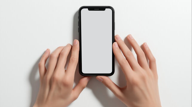 Closeup of hands touching a black smartphone on white background, highlighting sleek design, modern technology, and interactive user engagement.