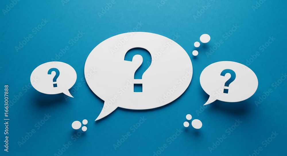 Poster white speech bubbles with question marks on blue background, symbolizing inquiry, questions, and see