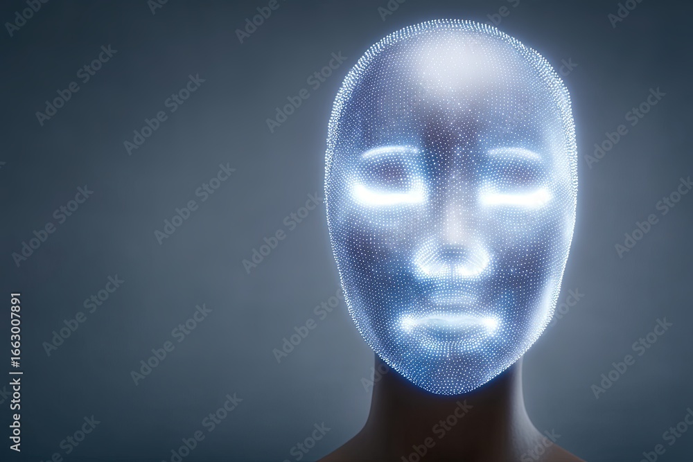 Poster futuristic ethereal visage illuminated by intricate digital patterns conveying identity and connecti