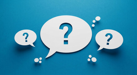 White speech bubbles with question marks on blue background, symbolizing inquiry, questions, and seeking answers, ideal for FAQ pages or help sections