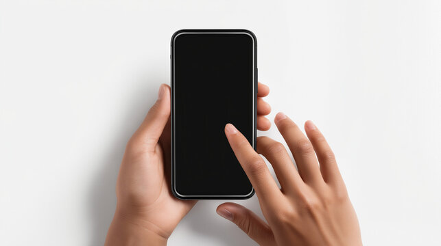 Closeup of hands touching a black smartphone on white background, highlighting sleek design, modern technology, and interactive user engagement.