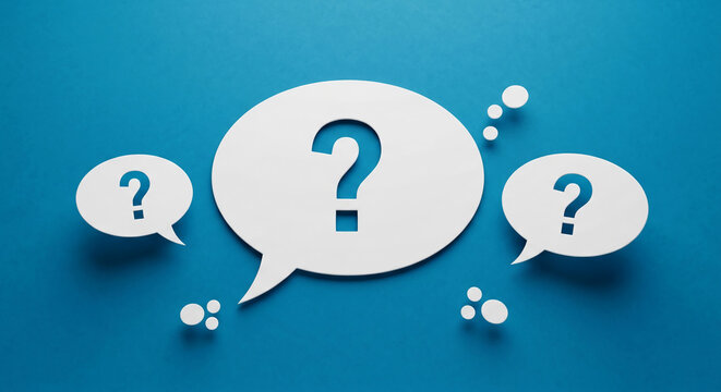 White speech bubbles with question marks on blue background, symbolizing inquiry, questions, and seeking answers, ideal for FAQ pages or help sections